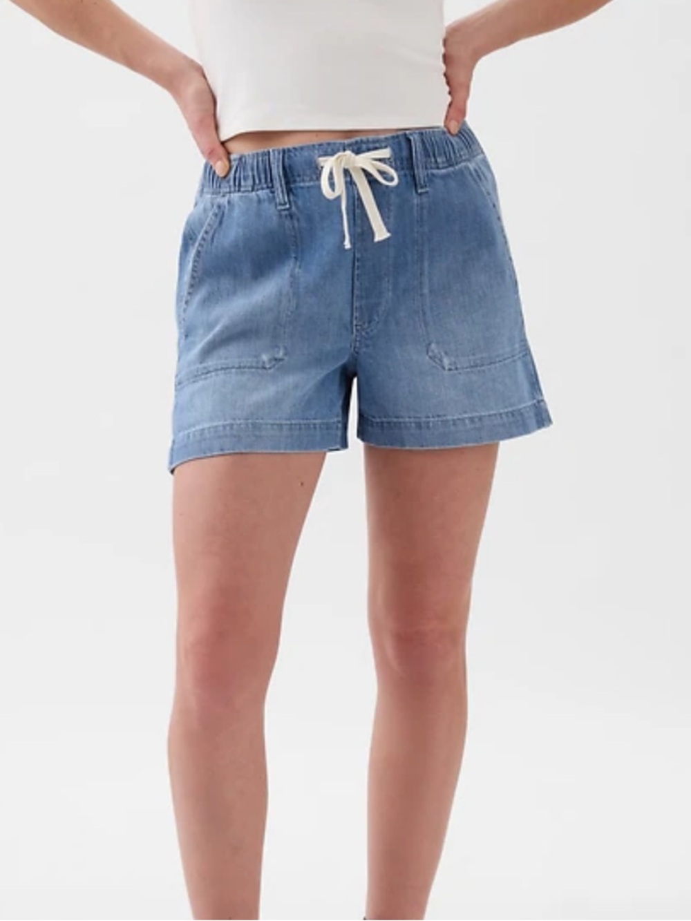 NWT Women L For The Republic Denim Medium Blue High Rise Pull-On Jean Shorts $48